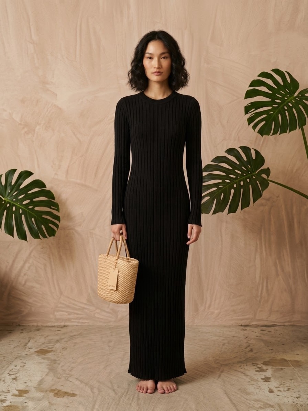NEW DISSH Ada Black Ribbed Tie Back Maxi Dress M